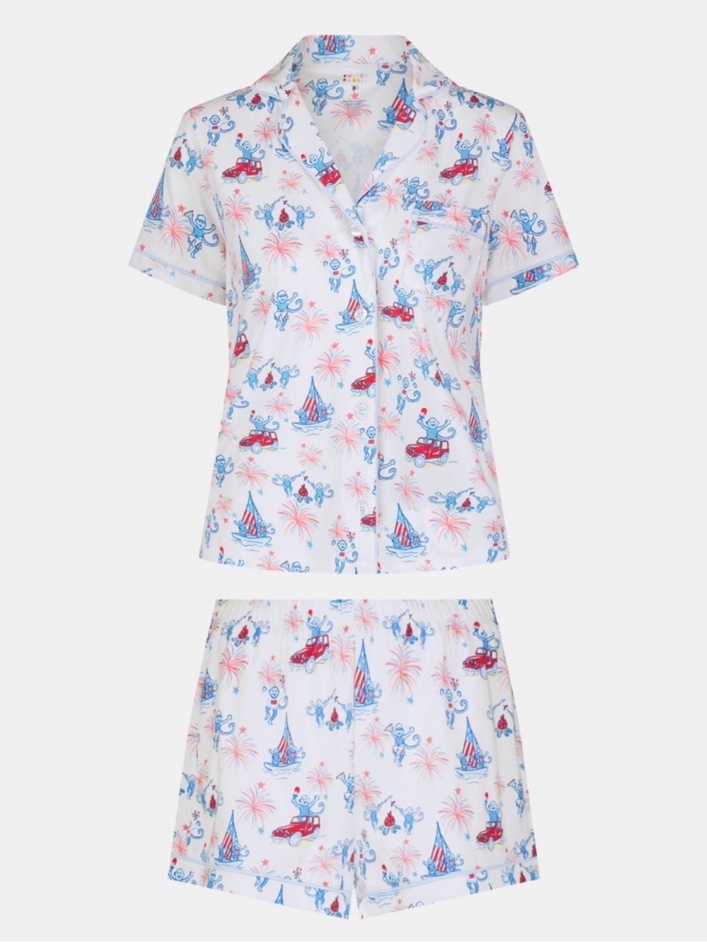 Roller Rabbit White Short-Sleeve Pajama Set with Blue & Red Print